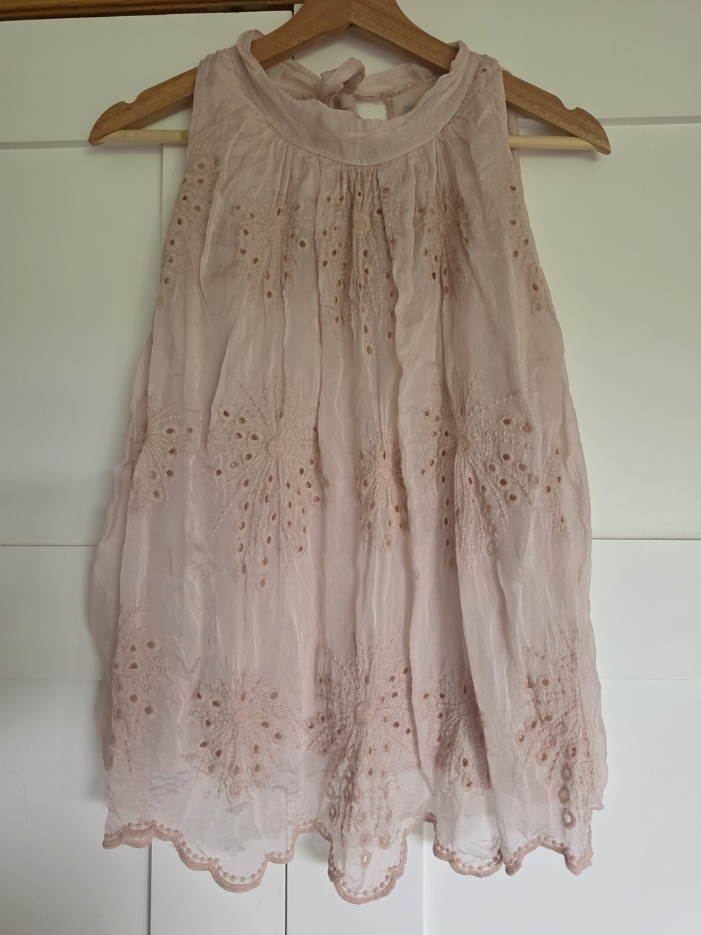 Soft Blush Eyelet Silk Sleeveless Blouse